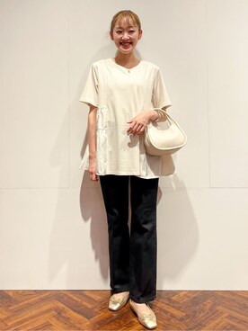 「OPAQUE.CLIP（オペークドットクリップ）の【定番】名品フラットバレエシューズ（パンプス、ゴールド系）」を使った、kaba0913さん（レディース）の夏コーディネート