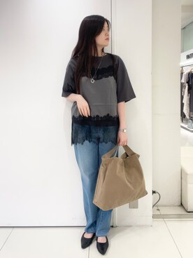 「UNTITLED（アンタイトル）の【追加/人気デニム】MAKE×DENIMスリムストレート（デニムパンツ、ブルー系）」を使った、moeさん（レディース・158cm）の夏コーディネート
