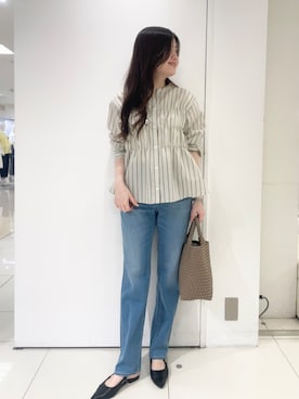 「UNTITLED（アンタイトル）のストライプシャーリングブラウス（シャツ/ブラウス、グリーン系）」を使った、moeさん（レディース・158cm）の夏コーディネート