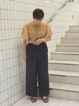 「COUP DE CHANCE（クードシャンス）の【手洗い可／日本製】フレンチシアーカットソー（Tシャツ/カットソー、ベージュ系）」を使った、tomoさん（レディース・153cm）の夏コーディネート