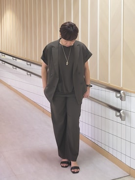 「COUP DE CHANCE（クードシャンス）の【手洗い可／セットアップ可】こなれ半袖ジャケット（テーラードジャケット、ブラウン系）」を使った、tomoさん（レディース・153cm）の春コーディネート