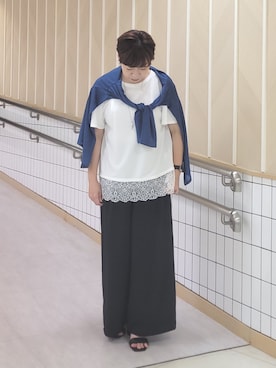 「COUP DE CHANCE（クードシャンス）の【洗える】着流しカーディガン（カーディガン/ボレロ、ブルー系）」を使った、tomoさん（レディース・153cm）の夏コーディネート
