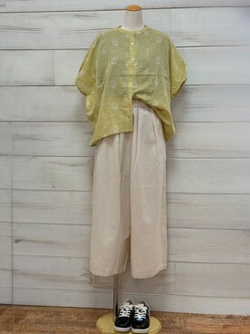 「one'sterrace（ワンズテラス）の麻プリント前開きブラウス（シャツ/ブラウス、グリーン系）」を使った、idkさん（レディース・158cm）の春コーディネート