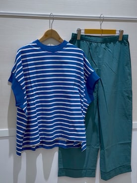 「one'sterrace（ワンズテラス）の【リンネル7月号掲載】コットンボーダー半袖プルオーバー（Tシャツ/カットソー、ブルー系）」を使った、idkさん（レディース・158cm）の夏コーディネート