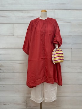 「one'sterrace（ワンズテラス）の【リンネル7月号掲載】ボイルギャザー 7分袖ワイドワンピース（ワンピース、レッド系）」を使った、idkさん（レディース・158cm）の春コーディネート