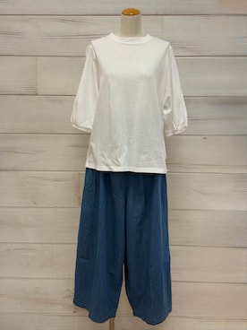 「one'sterrace（ワンズテラス）のパフスリーブ コットンカットソープルオーバー（Tシャツ/カットソー、ベージュ系）」を使った、idkさん（レディース・158cm）の春コーディネート