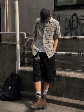 「FREAK'S STORE（フリークスストア）の限定展開 Dickies×FREAK'S STORE ディッキーズ 別注 ワイドシルエット クロスタック ワークショーツ 短パン ハーフパンツ ショートパンツ（その他パンツ、ブラック系）」を使った、hisa.さん（メンズ・177cm）の夏コーディネート