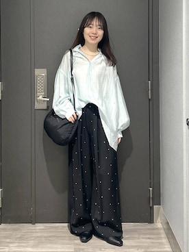 「A part by（アパートバイ）のドットシシュウストレートパンツ（その他パンツ、ブラック系）」を使った、tutuememさん（レディース）の春コーディネート