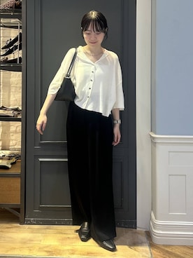 「A part by（アパートバイ）の【Sサイズ展開・洗える】イージーストレートパンツ（スラックス、ブラック系）」を使った、tutuememさん（レディース）の夏コーディネート