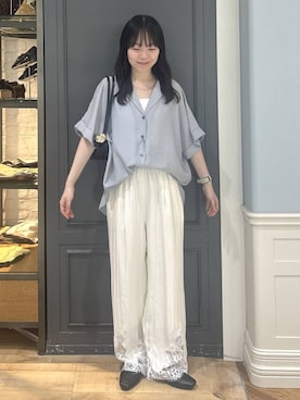 「A part by（アパートバイ）のサテンヘムレースパンツ（その他パンツ、ホワイト系）」を使った、tutuememさん（レディース）の夏コーディネート