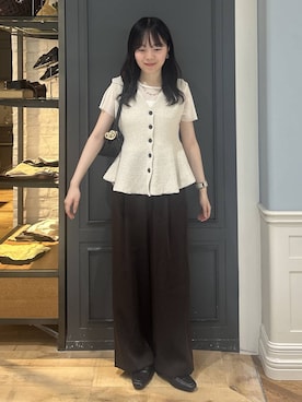 「A part by（アパートバイ）のブークレペプラムニットノースリーブ（ベスト、ホワイト系）」を使った、tutuememさん（レディース）の夏コーディネート