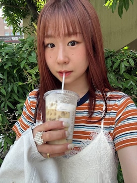 「LOWRYS FARM（ローリーズファーム）のマルチボーダーワンピＳＳ 672034（ワンピース、オレンジ系）」を使った、ふうかちさん（レディース・156cm）の夏コーディネート