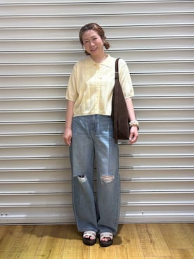 「LOWRYS FARM（ローリーズファーム）のパターンメッシュポロカーディガン 1043039（カーディガン/ボレロ、イエロー系）」を使った、ふうかちさん（レディース・156cm）の夏コーディネート