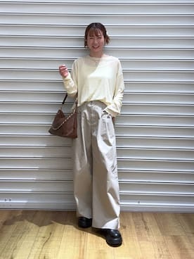 「LOWRYS FARM（ローリーズファーム）のＵＳＥＦＵＬシアープルオーバー　580950（Tシャツ/カットソー、イエロー系）」を使った、ふうかちさん（レディース・156cm）の春コーディネート