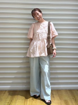 「LOWRYS FARM（ローリーズファーム）のアシメティアードチュニックＳＳ　1049042（シャツ/ブラウス、ピンク系）」を使った、ふうかちさん（レディース・156cm）の夏コーディネート