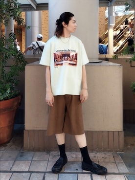 「SENSE OF PLACE by URBAN RESEARCH（センスオブプレイスバイアーバンリサーチ）の『別注』『イージーケア/吸水速乾/接触冷感』ART T-SHIRTS A(davinci)（Tシャツ/カットソー、グリーン系）」を使った、Kentaさん（メンズ・179cm）の夏コーディネート