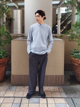 「SENSE OF PLACE by URBAN RESEARCH（センスオブプレイスバイアーバンリサーチ）のフェイクレイヤードヘンリーネックロングTシャツ（Tシャツ/カットソー、グレー系）」を使った、Kentaさん（メンズ・179cm）の夏コーディネート