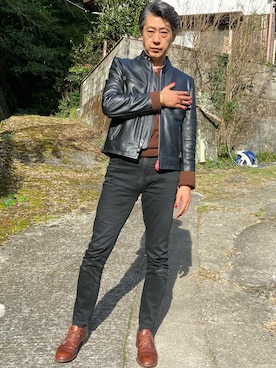 「アイテム（ライダースジャケット）」を使った、tsunthun0123さん（メンズ・183cm）の秋コーディネート