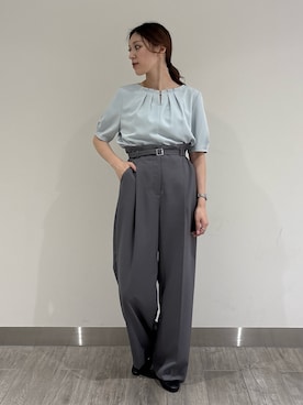 「NATURAL BEAUTY BASIC（ナチュラルビューティーベーシック）のネックタックブラウス半袖（シャツ/ブラウス、グリーン系）」を使った、mikiさん（レディース・151cm）の夏コーディネート