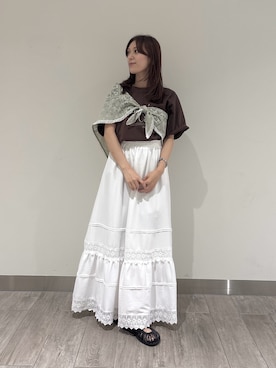 「N.（N. Natural Beauty Basic）（エヌエヌナチュラルビューティーベーシック）のスカーフ付ビックＴシャツ（Tシャツ/カットソー、ブラウン系）」を使った、mikiさん（レディース・151cm）の夏コーディネート