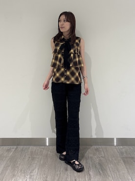 「NATURAL BEAUTY BASIC（ナチュラルビューティーベーシック）のレースタイチェックブラウス（シャツ/ブラウス、ベージュ系）」を使った、mikiさん（レディース・151cm）の夏コーディネート