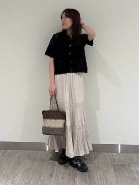 「NATURAL BEAUTY BASIC（ナチュラルビューティーベーシック）のポロ襟メッシュカーディガン（カーディガン/ボレロ、ブラック系）」を使った、mikiさん（レディース・151cm）の夏コーディネート