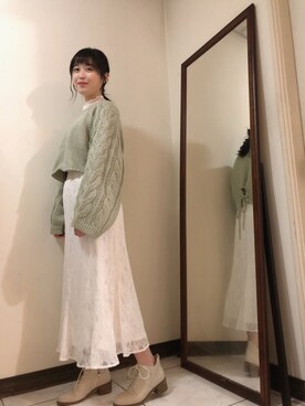 「Heather（ヘザー）のバックリボンケーブルニット　239256（ニット/セーター、グリーン系）」を使った、Minさん（レディース・162cm）の冬コーディネート