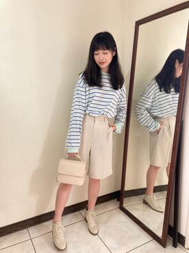 「forksy.（フォルクシー）の【forksy.】配色リブオーバーサイズボーダーカットソー（Tシャツ/カットソー、グリーン系）」を使った、Minさん（レディース・162cm）の春コーディネート