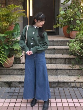 「Heather（ヘザー）のあいねねショートカーディガン　257756（カーディガン/ボレロ、グリーン系）」を使った、Minさん（レディース・162cm）の秋コーディネート