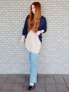 「Sawa a la mode（サワアラモード）のアイテム（デニムパンツ、ブルー系）」を使った、mocoさん（レディース・160cm）の夏コーディネート