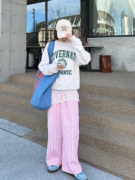 「PILIT（ピリット）のストライプパジャマパンツ（その他パンツ）」を使った、yuri さん（レディース・162cm）の春コーディネート