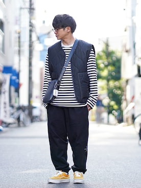 「green label relaxing（グリーンレーベルリラクシング）の【WEB限定】＜GLR/ -or（ジーエルアール オア）＞キルティング ベスト -ユニセックス-（ベスト）」を使った、ヒデさん（メンズ・165cm）の春コーディネート