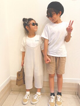 「GU（ジーユー）のアイテム（オールインワン・サロペット）」を使った、moririn520さん（キッズ・110cm）の夏コーディネート