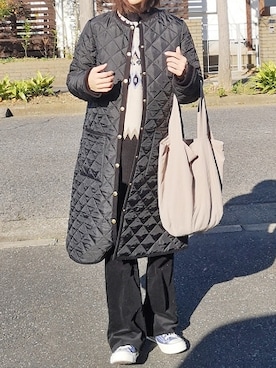 「コーデュロイパンツ」｜「アイテム（ノーカラーコート）」を使った、RIyO.さん（レディース・159cm）の冬コーディネート