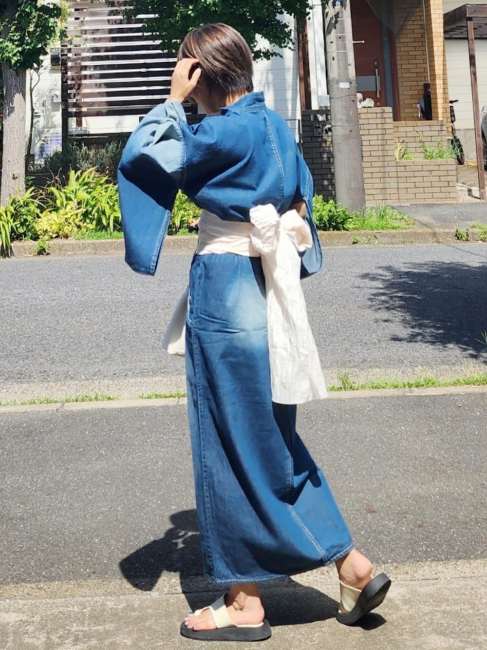 「浴衣、デニム、デニム浴衣、アツいコーデ全部見せ、花火大会、しわ兵児帯」｜「デニム浴衣のアイテム（浴衣、ブルー系）」を使った、RIyO.さん（骨格ナチュラル・レディース・159cm）の夏コーディネートの1枚目の写真