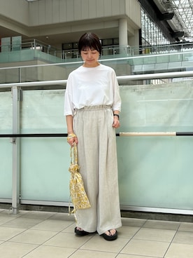 「かぐれ（カグレ）のハイツイストコットン半袖Tシャツ（Tシャツ/カットソー、ホワイト系）」を使った、かみやまさん（レディース・160cm）の夏コーディネート