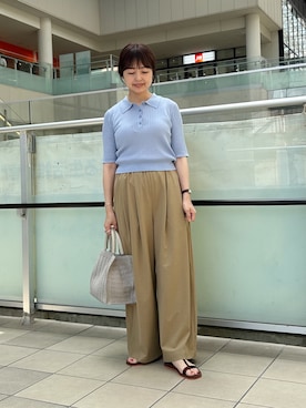 「FORK&SPOON（フォークアンドスプーン）のFORK&SPOON　ツータックワイドパンツ（その他パンツ、ベージュ系）」を使った、かみやまさん（レディース・160cm）の夏コーディネート