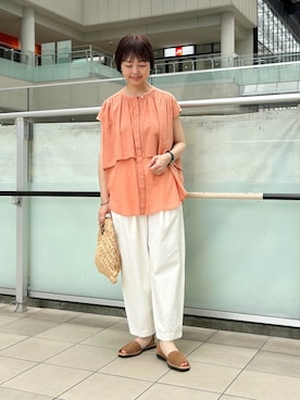 「かぐれ（カグレ）のワイドギャザーダブルブラウス（シャツ/ブラウス、ピンク系）」を使った、かみやまさん（レディース・160cm）の夏コーディネート