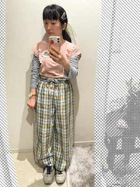 「KINJIのアイテム（Tシャツ/カットソー、ピンク系）」を使った、おっくん🍅さん（レディース・146cm）の夏コーディネート