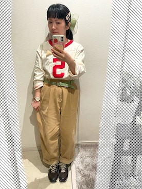 「スタジオクリップのアイテム（その他パンツ、ベージュ系）」を使った、おっくん🍅さん（レディース・146cm）の春コーディネート