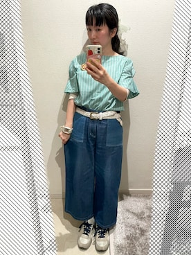 「bulle de savon（ビュルデサボン）のアイテム（デニムパンツ、ブルー系）」を使った、おっくん🍅さん（レディース・146cm）の夏コーディネート