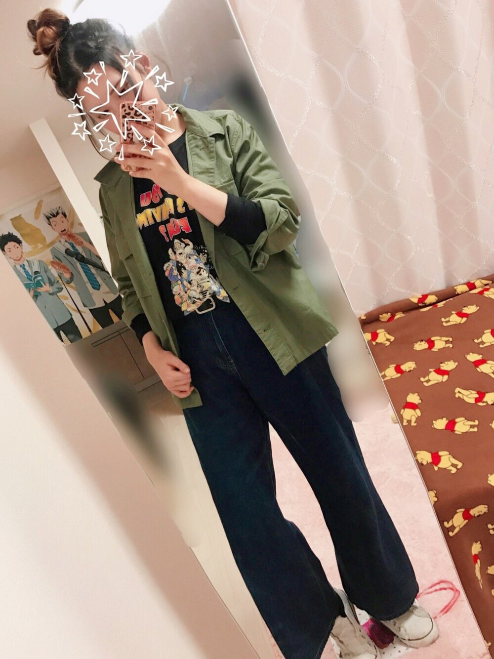 「カジュアル、カーキ、GU、ユニクロ、ワイドパンツ、シャツスタイル、PAGEBOY、ドラゴンボール、おだんごヘアー、コラボTシャツ」｜「GUのアイテム（Tシャツ/カットソー、ブラック系）」を使った、keiko*ﾟさん（レディース・162cm）の春コーディネートの1枚目の写真