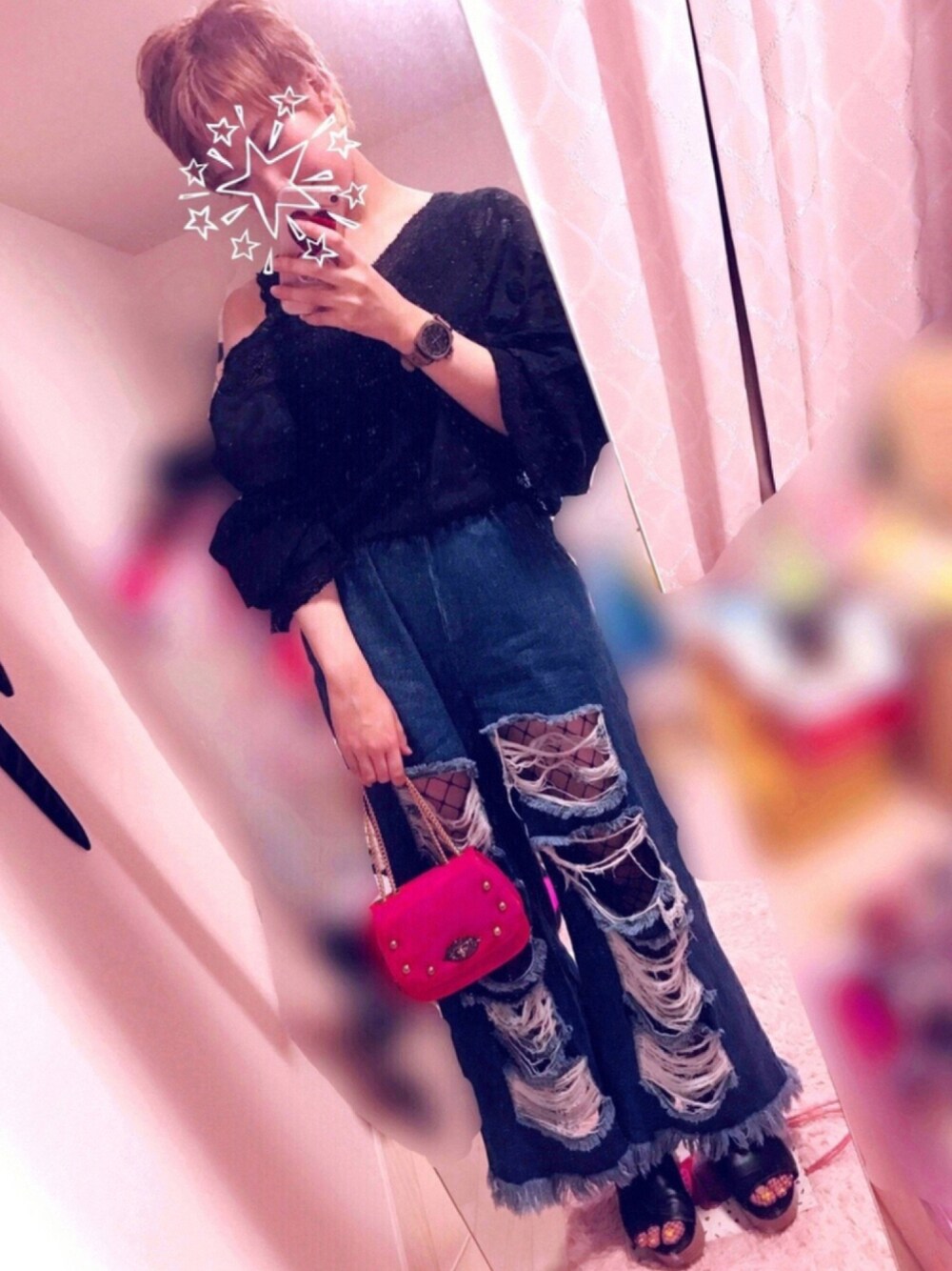 「WEGO、デニム、H&M、黒、大人カジュアル、Another Edition、２ＷＡＹ、網タイツ、古着屋、肌見せ」｜「E hyphen world galleryのスカラップレースタンクトップ（タンクトップ、ブラック系）」を使った、keiko*ﾟさん（レディース・162cm）の夏コーディネートの1枚目の写真