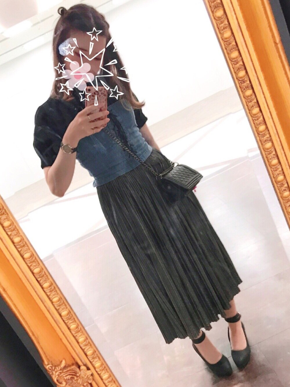 「デニム、シルバー、ビスチェ、お気に入り、プリーツスカート、ポシェット、PAGEBOY、ローリーズファーム(LOWRYS FARM)、FOREVER 21、プリンセス」｜「LOWRYS FARMの★WEB先行予約アイテム★アソートレースＵＰビスチェ（トップス、ブルー系）」を使った、keiko*ﾟさん（レディース・162cm）の春コーディネートの1枚目の写真