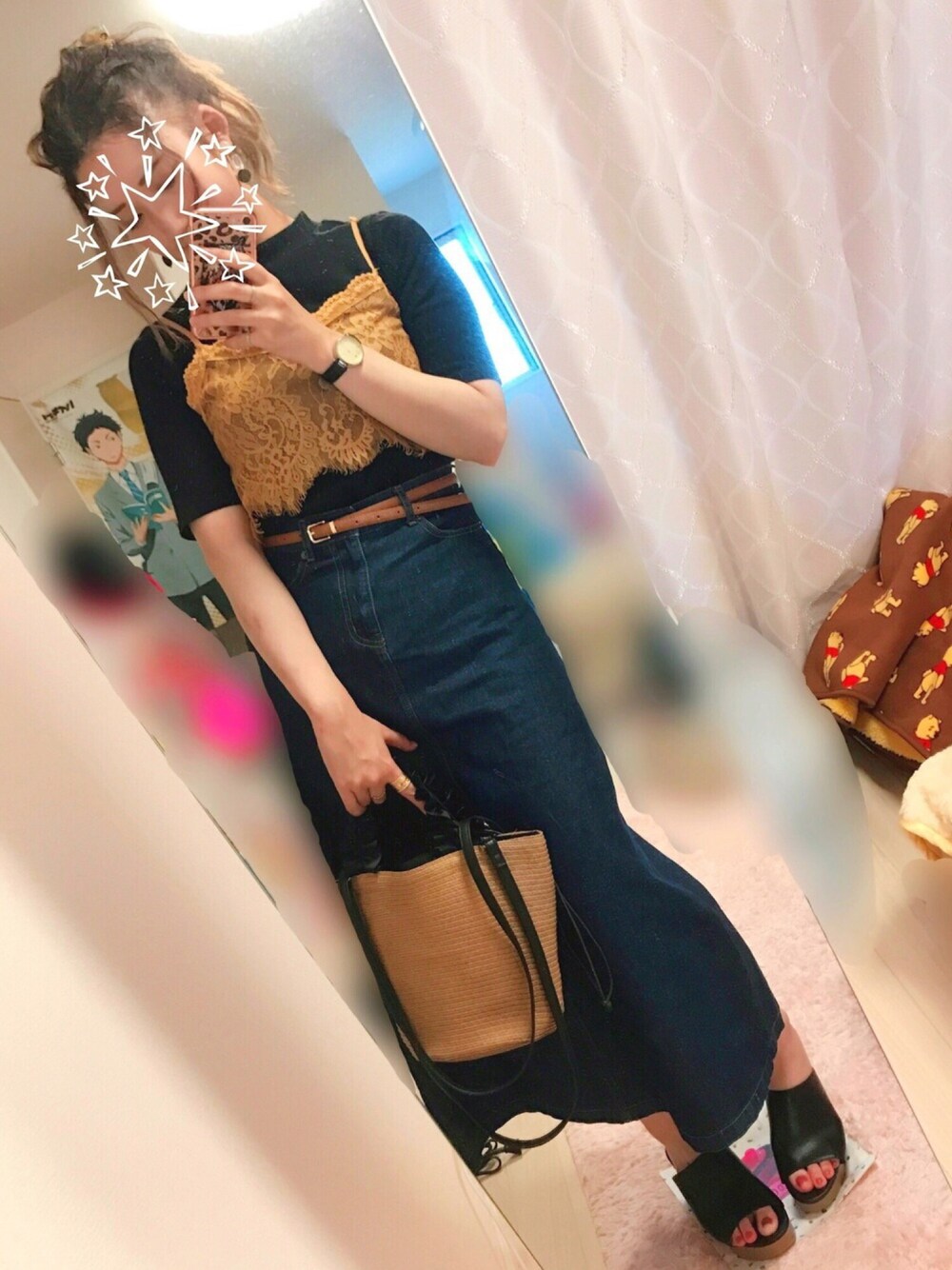 「デニム、黄色、ポニーテール、かごバッグ、ディスコート、夏コーデ、ミュール、ローリーズファーム(LOWRYS FARM)、暗め色」｜「DISCOATのアイテム（かごバッグ、ブラック系）」を使った、keiko*ﾟさん（レディース・162cm）の春コーディネートの1枚目の写真