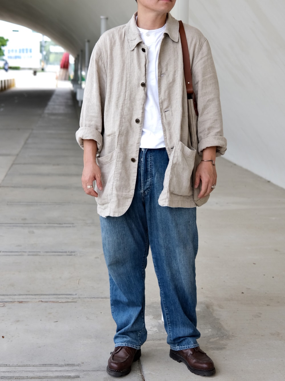 「CONFECT、KAPTAIN SUNSHINE、Porter Classic、Paraboot、ARPENTEUR、ootd、daily look、夏コーデ、休日スタイル、今日のコーデ、大人カジュアル」｜「confectのアイテム（ジャケット/アウター、ベージュ系）」を使った、SyueChenさん（メンズ・167cm）の夏コーディネートの1枚目の写真