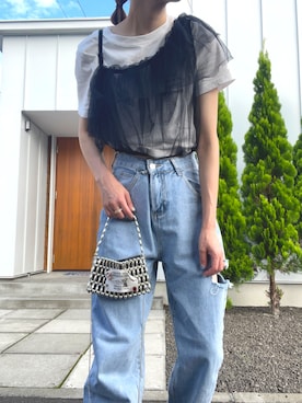 「ショート丈トップス」｜「アイテム（その他トップス）」を使った、minakoさん（レディース・160cm）の夏コーディネート