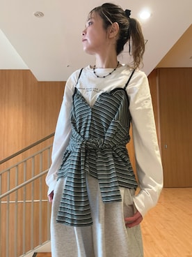 「LOWRYS FARM（ローリーズファーム）のロゴフォトロンＴ　648893（Tシャツ/カットソー、ホワイト系）」を使った、minakoさん（レディース・160cm）の春コーディネート