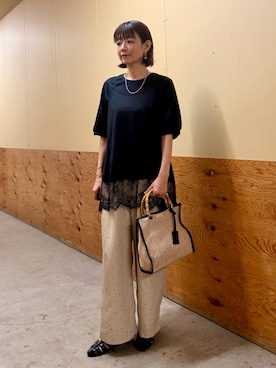 「ITEMS URBANRESEARCH（アイテムズ アーバンリサーチ）の袖デザインカットソー（Tシャツ/カットソー、ブラック系）」を使った、emi0617さん（レディース・163cm）の夏コーディネート