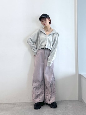 「ワイドパンツ」｜「アイテム（デニムパンツ、ピンク系）」を使った、まいてぃさん（レディース・158cm）の夏コーディネート